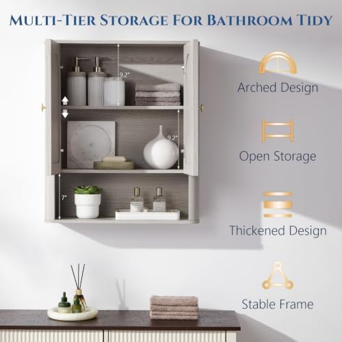 Bathroom Fluted Arched Wall Cabinet, 23.6''W Medicine Cabinet, Light Grey