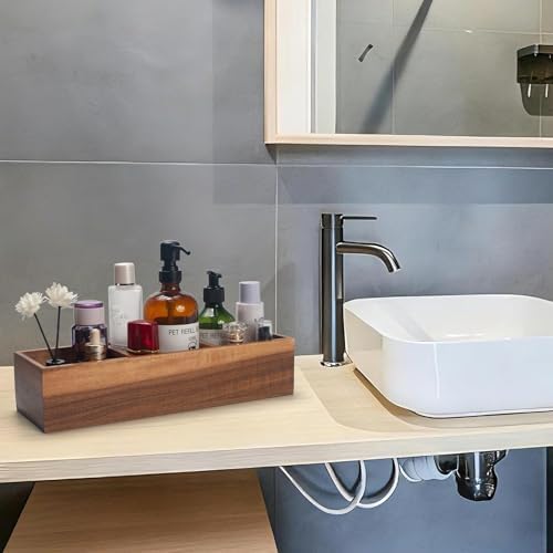 Wood Bathroom Basket, Acacia Wood Toilet Tank Basket, Wooden Storage Box with 3 Compartments for Bathroom Organizer (14.6 x 4.7 x 3.1 inch)
