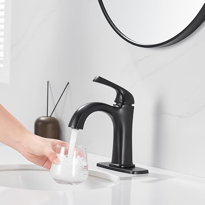 Bathroom Faucet 1 Hole, Faucet for Bathroom Sink, Matte Black Faucets for Vanity One Hole Bathroom Faucet, with Pop Up Drain&Deckplate Farmhouse