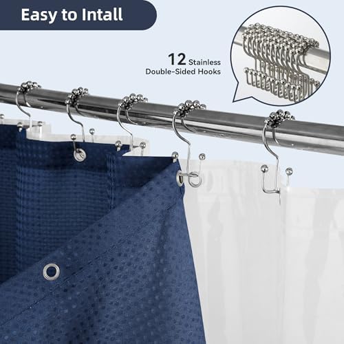 3 in 1 Waffle Shower Curtain Set, Shower Curtain and Liner Set with 12 Double Sided Shower Curtain Hooks, 72 x 84 Fabric Shower Curtains for Bathroom, Navy Blue