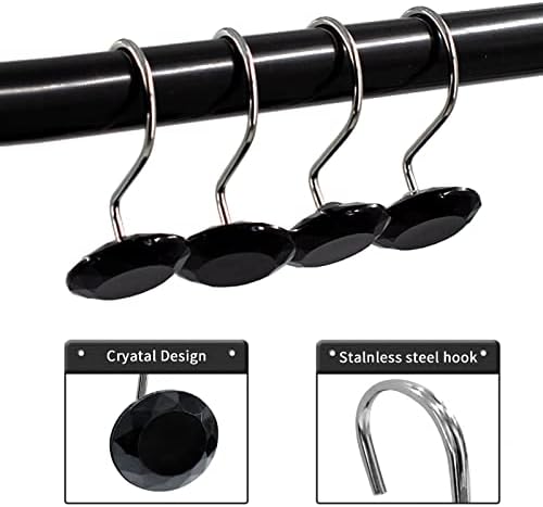 Crystal Diamond Round Shower Curtain Hooks Rings for Bathroom,Black,12PCS
