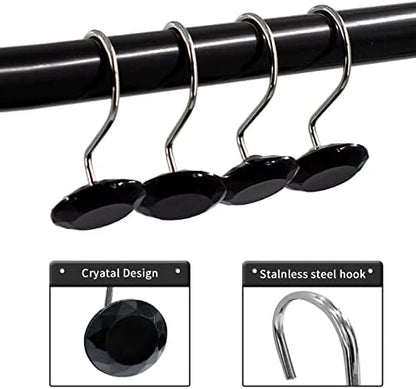Crystal Diamond Round Shower Curtain Hooks Rings for Bathroom,Black,12PCS