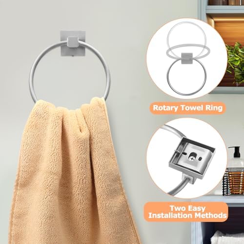 4 Piece Silver Bathroom Hardware Set, Stainless Steel Wall Mounted Towel Hooks, Ring & Oversized Toilet Paper Holder with Shelf, Modern Home Accessories for Bathroom, Washroom, Kitchens and RVs