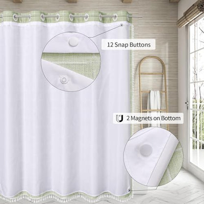 MitoVilla No Hooks Needed Boho Farmhouse Shower Curtain with Snap-in Liner, Cotton Linen Fabric Shower Curtains with Tassels for Rustic Neutral Bathroom Decor, Sage Green, 72 x 74