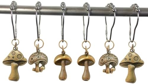 Mushroom Shower Curtain Hooks, 12Pcs Rustproof Metal Cute Retro Mushroom Shower Curtain Hooks Rings for Boho Fairy Forest Country Cottagecore Style Home Bathroom Decor (Bronze)
