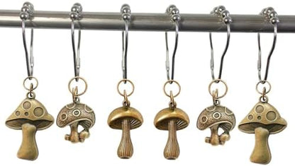 Mushroom Shower Curtain Hooks, 12Pcs Rustproof Metal Cute Retro Mushroom Shower Curtain Hooks Rings for Boho Fairy Forest Country Cottagecore Style Home Bathroom Decor (Bronze)