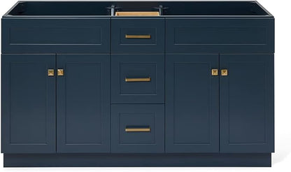 ARIEL Hamlet 60-inch Bathroom Vanity Base Cabinet,Solid Wood, 4 Soft Closing Doors, 3 Dovetail Drawers, Satin Brass, Midnight Blue