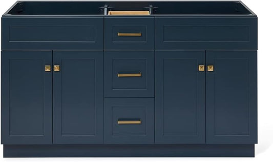 ARIEL Hamlet 60-inch Bathroom Vanity Base Cabinet,Solid Wood, 4 Soft Closing Doors, 3 Dovetail Drawers, Satin Brass, Midnight Blue