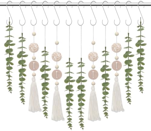 Yinkin Set of 12 Boho Eucalyptus Shower Curtain Hooks Rings Rustic Farmhouse Decor Rustproof Metal Decorative Hanger Set for Home Bathroom Bedroom Baby Room Curtain Decor (Rattan)