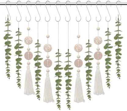 Yinkin Set of 12 Boho Eucalyptus Shower Curtain Hooks Rings Rustic Farmhouse Decor Rustproof Metal Decorative Hanger Set for Home Bathroom Bedroom Baby Room Curtain Decor (Rattan)