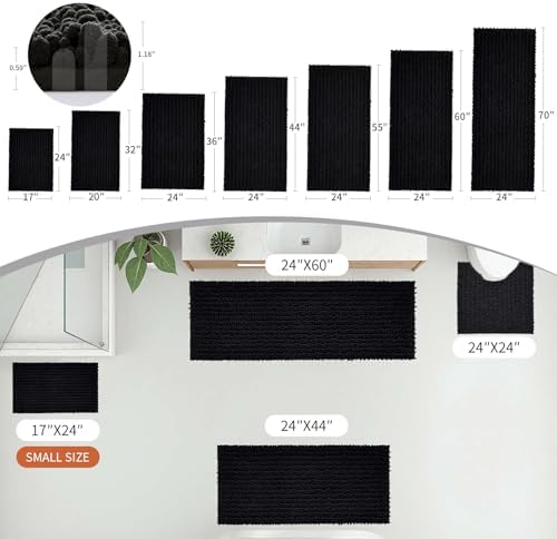 Disolla Black Bathroom Runner Rug 24x70 Inch - Extra Long Chenille Bath Mat, Luxury Shaggy Plush Absorbent Rug, Non-Slip Large Runner for Floor and Laundry Room