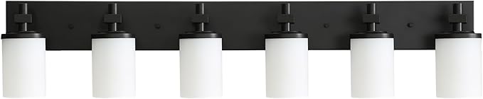 LOUSACE Bathroom Lighting Fixture Over Mirror, 6 Light Bathroom Vanity Lights Matte Black with Opal White Glass Shades, E26 Bulb Base, Wall Sconces Vanity Lighting Fixtures for Bathroom Living Room