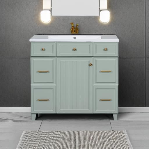 LUMISOL 36" Bathroom Vanity with Ceramic Sink, Modern Bathroom Vanity with 3 Drawers & Soft Close Doors, Solid Wood Bathroom Sink Cabinet with Undermount Basin, Gold Handles (Green)