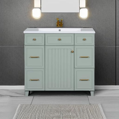 LUMISOL 36" Bathroom Vanity with Ceramic Sink, Modern Bathroom Vanity with 3 Drawers & Soft Close Doors, Solid Wood Bathroom Sink Cabinet with Undermount Basin, Gold Handles (Green)