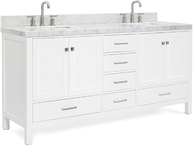 ARIEL Cambridge 72-inch Bathroom Vanity with Sink,Solid Wood, 2-inch Italian Carrara Marble Countertop, Double Rectangular Porcelain Sink, 4 Soft Closing Doors, 6 Dovetail Drawers, White