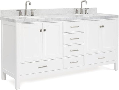 ARIEL Cambridge 72-inch Bathroom Vanity with Sink,Solid Wood, 2-inch Italian Carrara Marble Countertop, Double Rectangular Porcelain Sink, 4 Soft Closing Doors, 6 Dovetail Drawers, White