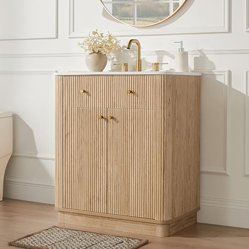 T4TREAM 60" Fluted Bathroom Vanity with 2 Single Sinks, Natural Oak