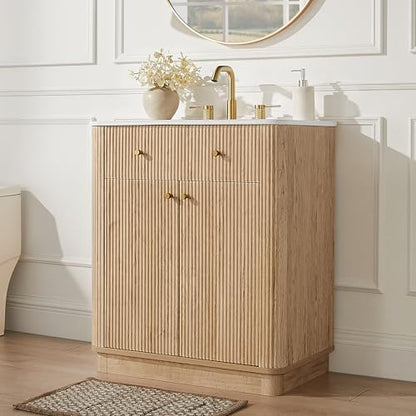 T4TREAM 60" Fluted Bathroom Vanity with 2 Single Sinks, Natural Oak