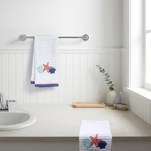 Ritz 2-Piece Cotton Velour Bathroom Hand Towel Set, Embroidered Seashell Trio Design, Light Blue Pinstripe Towels for Beach House, Lake Home, or Spa Decor, 16” x 26”