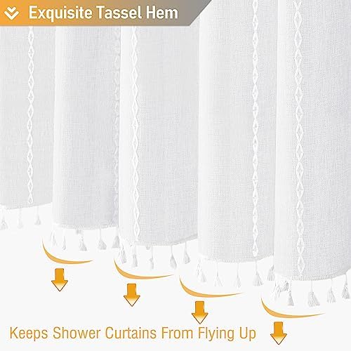 BTTN White Boho Farmhouse Linen Heavy Duty Cloth Shower Curtain Set, 72x72