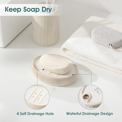 vancasso Ceramic Bathroom Accessories Set 4 Piece, Soap Dispenser with Stainless Steel Pump, Toothbrush Holder, Tumbler and Soap Dish, Modern Relief Design, Bathroom Decor Organizer, Beige-White