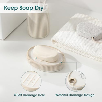 vancasso Ceramic Bathroom Accessories Set 4 Piece, Soap Dispenser with Stainless Steel Pump, Toothbrush Holder, Tumbler and Soap Dish, Modern Relief Design, Bathroom Decor Organizer, Beige-White