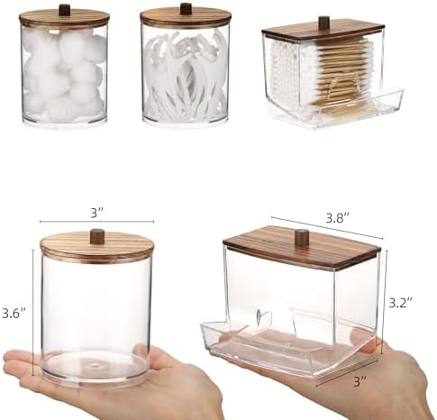 Tbestmax Qtips Dispenser Bathroom Container, 10/12 oz Big Cotton Ball Holder, Apothecary Jar Organizer for Storage Cotton Swab, Round Pads, Floss Picks (Brown Wood Lids)