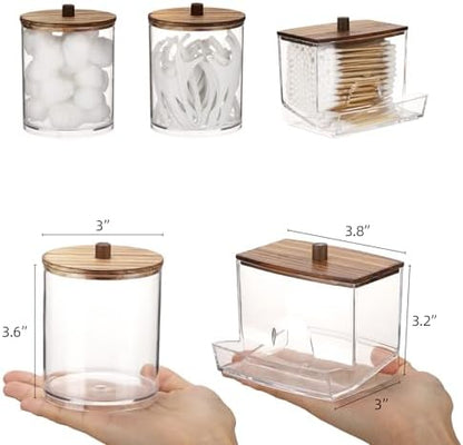 Tbestmax Qtips Dispenser Bathroom Container, 10/12 oz Big Cotton Ball Holder, Apothecary Jar Organizer for Storage Cotton Swab, Round Pads, Floss Picks (Brown Wood Lids)