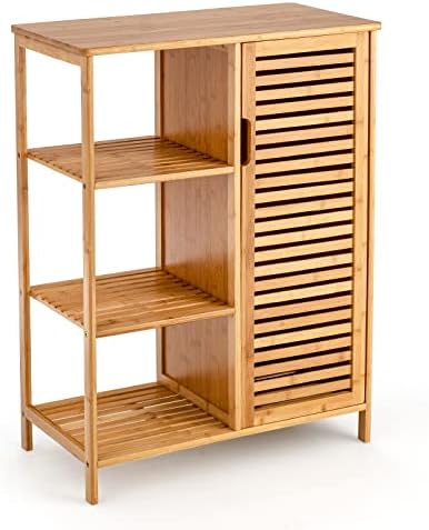 Tangkula Bamboo Bathroom Floor Cabinet, Storage Cabinet with Shutter Door and 3 Tier Shelves, Freestanding Bathroom Cabinet for Living Room Kitchen Hallway, Natural