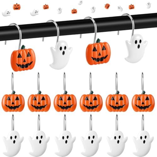 Thyle 12 pcs Halloween Shower Curtain Hooks Decorative Resin Ghost and Pumpkin Shower Curtain Rings Metal Hangers Bathroom Holiday Decoration Accessories for Bathroom Halloween Party