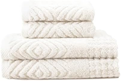 Texere 100% Organic Cotton Diamond Jacquard 700 GSM Luxury Bath Towel Sets - Ultra Soft and Absorbent Hotel and Spa Quality (Diamond, Cream, 2 Hand & 2 Face Towels)