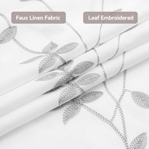 Embroidered Leaf Farmhouse Shower Curtain,Faux Linen,72Wx72L,White Grey
