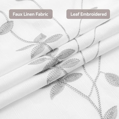 Embroidered Leaf Farmhouse Shower Curtain,Faux Linen,72Wx72L,White Grey