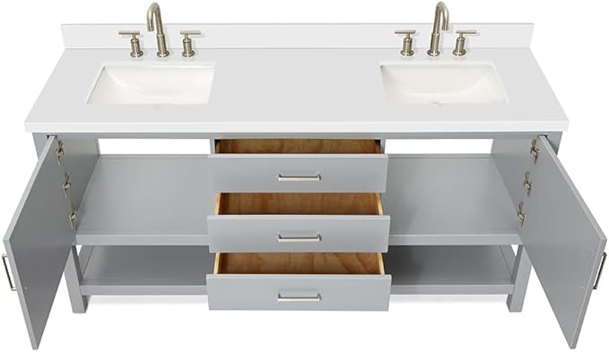 ARIEL Bayhill 72-inch Bathroom Vanity with Sink,Solid Wood, 1.5-inch Pure White Quartz Countertop & Backsplash, Double Rectangular Porcelain Sink, 2 Soft Closing Doors, 3 Dovetail Drawers, Grey