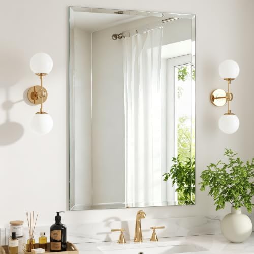 36 x 24 Inch Frameless Wall Mirror Tempered Glass Rectangle Vanity Mirror Polished Edge Dual Hanging Silver Home Decor