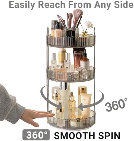 Asayuee 360 Rotating Makeup Organizer,3 Tier Large Capacity Make Up Organizers and Storage,Skincare Perfume Vanity Organizers,Bathroom Cosmetics Storage Organizer Countertop(Grey)