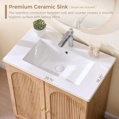 IFBUY 30 Inch Arched Bathroom Vanity with Sink, Fluted Design, Natural Oak