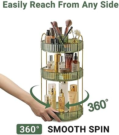 Asayuee 360 Rotating Makeup Organizer,3 Tier Large Capacity Make Up Organizers and Storage,Skincare Perfume Vanity Organizers,Bathroom Cosmetics Storage Organizer Countertop (Green)