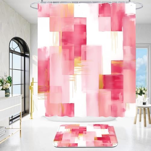 Yddsky 4 Pcs Pink Geometric Shower Curtain Set with Rugs Bathroom Set