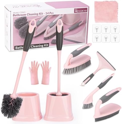 CALBEAU Pink Toilet Brush and Holder Set, 14 PCS Bathroom Cleaning Kit