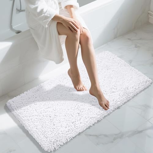 Yimobra Long Bathroom Rug Non Slip 44x24 Inch, Extra Thick Soft Absorbent Chenille Bath Mat, Machine Washable Quick Dry Bath Rugs for Bathroom Floor, Tub and Shower, Home Decor Accessories, White