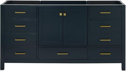 ARIEL Cambridge 66-inch Bathroom Vanity Base Cabinet,Solid Wood, 2 Soft Closing Doors, 9 Dovetail Drawers, Midnight Blue