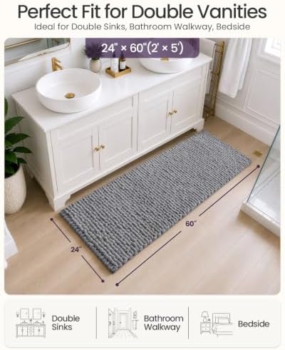 DEXI Bathroom Runner Rugs 60x24, Non Slip Chinelle Bath Mat, Grey