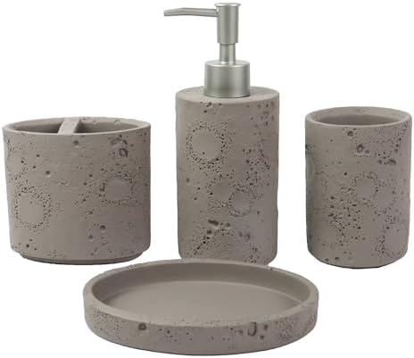 Hymmah Meteorites Bathroom Accessories Set,Farmhouse Bathroom Decor,4 Pcs Resin Gift Set Apartment Necessities, Contain Cotton Swab Jar,Soap Dispenser,Tumbler，Soap Dish/Tray