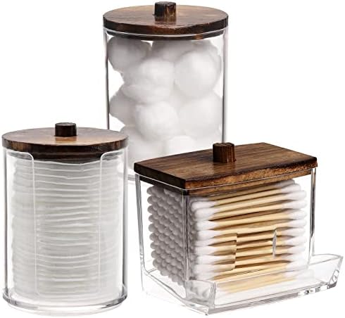 Tbestmax Bathroom Organizer Accessories Set-10 OZ Qtips Holder Storage with Wood Lids, Cotton Ball/Swabs Dispenser, Apothecary Container Jar 3 Pcs