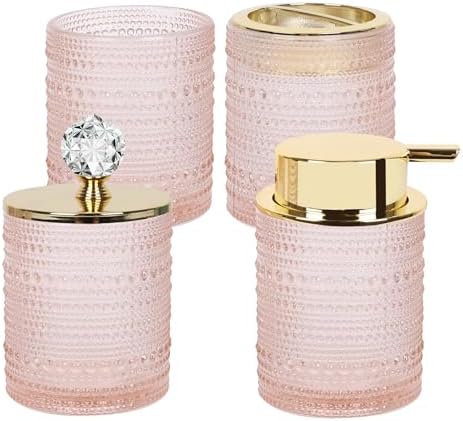 FEILANDUO Bathroom Accessories Set,4Pcs Glass Bathroom Accessories,Vanity Bathroom Decor, Soap Dispenser, Toothbrush Holder Set, Apothecary Jar, Gift for Home Apartment (Pink)