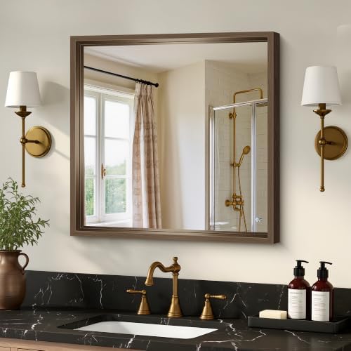 Bathroom Mirror, 24 x 24 inch Walnut Wood Grain Colored Aluminum Metal Frame Bathroom Vanity Mirror, Square Wall Mirror for Bedroom Living Room, Tempered Glass, Anti-Rust