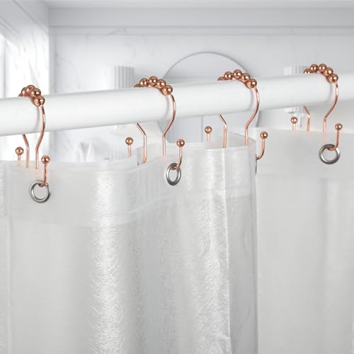 Goowin Shower Curtain Hooks, 12 Pcs Shower Curtain Rings, Stainless Steel Shower Curtain Hangers, Double Hook Shower Curtain Hooks, Smooth Sliding Anti-Drop Shower Rings for Curtain (Rose Gold)