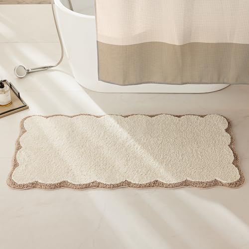 Ohocut Luxury Microfiber Scalloped Runner Rug, Beige Sand Scalloped Piping Long Bathroom Rug Boho Farmhouse Bath Mat for Bathroom, Tub, Sink, Shower, Anti Slip, Extra Soft, Absorbent, 47x24