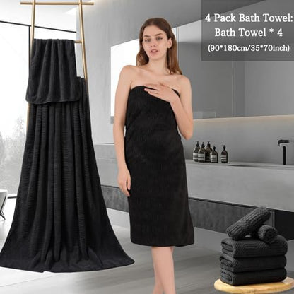 Ycosy 4 Pack Extra Large Microfiber Bath Towels Set,35x70 inches,600GSM,Less Lint Highly Absorbent Super Soft & Quick Dry,Oversized Bath Towels,Perfect for Bathroom Gym Pool,Black
